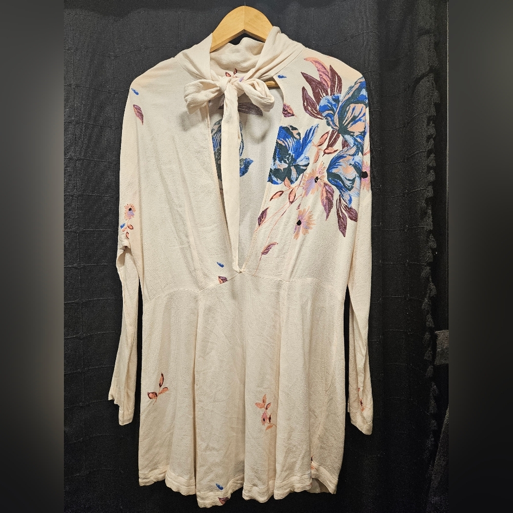 Free People Morning Light Floral Mini Dress Ivory Blue Tie Back Boho Small - Picture 8 of 8